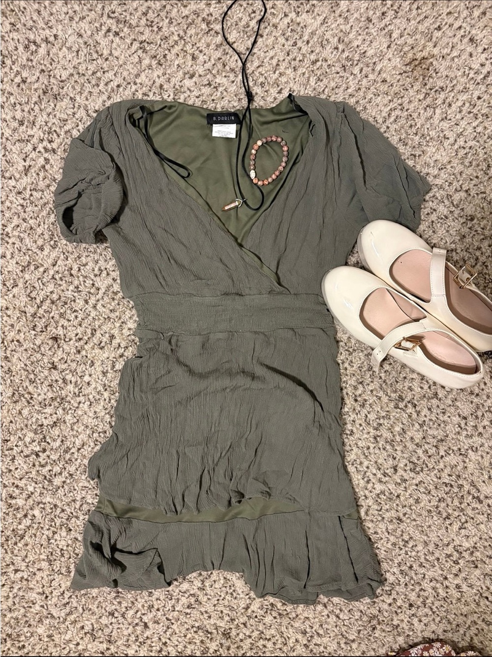 B Darlin Olive Wrap Mini Dress with Ruffled Hem